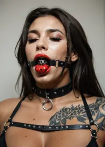Tattooed girl gagged in harness